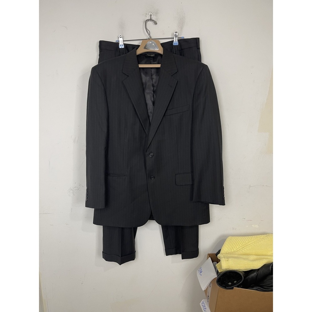 Jos A Bank Mens Black Pinstripe Wool Blend 2 Pc Suit 44R‎ Jacket Pants